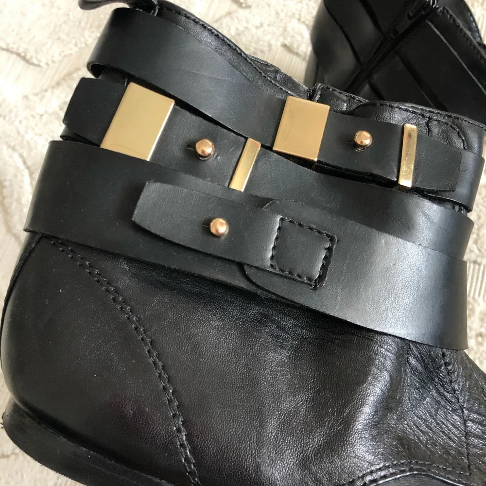 Nine West Black Leather Ankle Booties with Gold Hardware